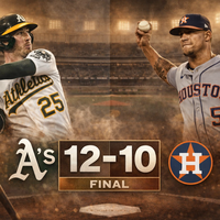 Athletics vencen 12-10 a Astros en extra innings: Rooker lidera un duelo ofensivo explosivo
