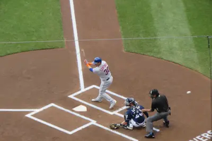 Mets left fielder Michael Conforto fouls off a pitch.